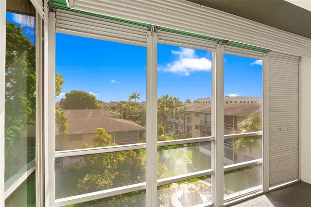 a view of a balcony from a window
