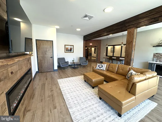 a living room with furniture and a rug