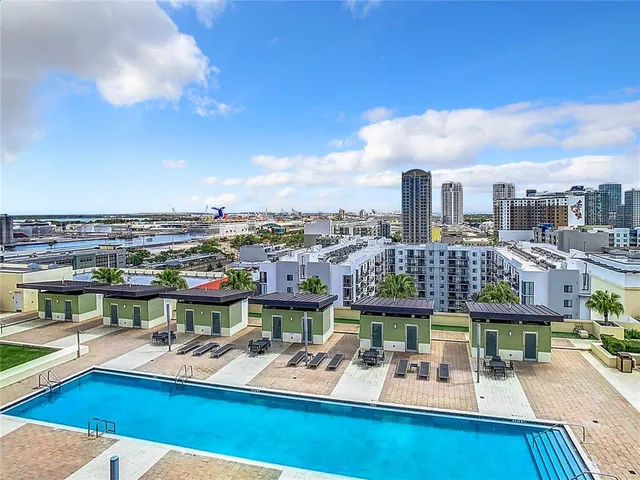 an aerial view of a building with outdoor space