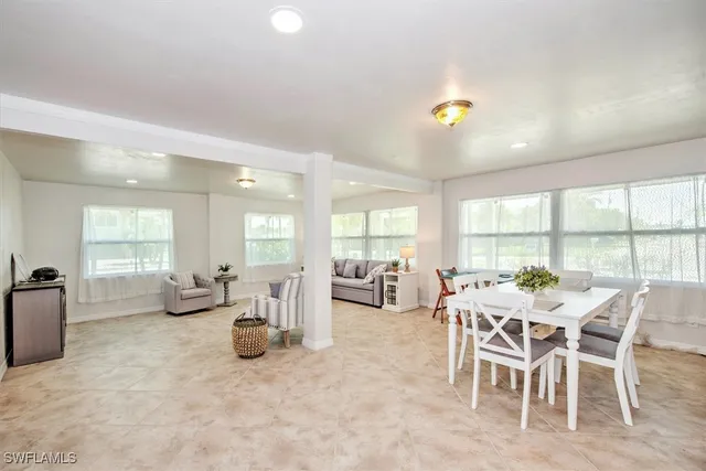 a view of a dining room with furniture window and outside view