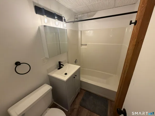 a bathroom with a shower a sink and a toilet
