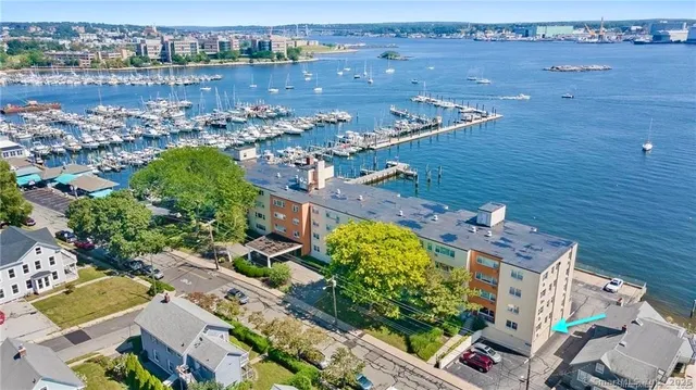 an aerial view of a house with a lake view
