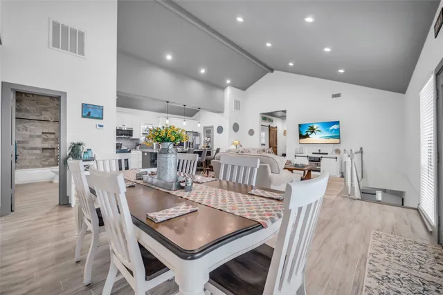 a view of a dining room with furniture