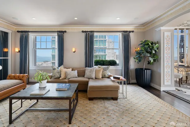 a living room with furniture potted plant and a window