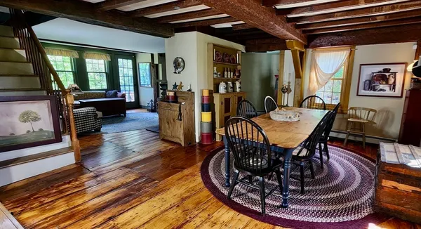 a view of a dining room with furniture window and wooden floor
