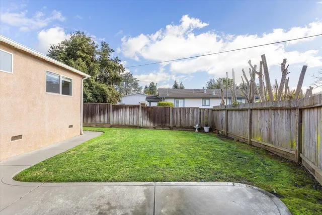 a view of a backyard with a fence and plants