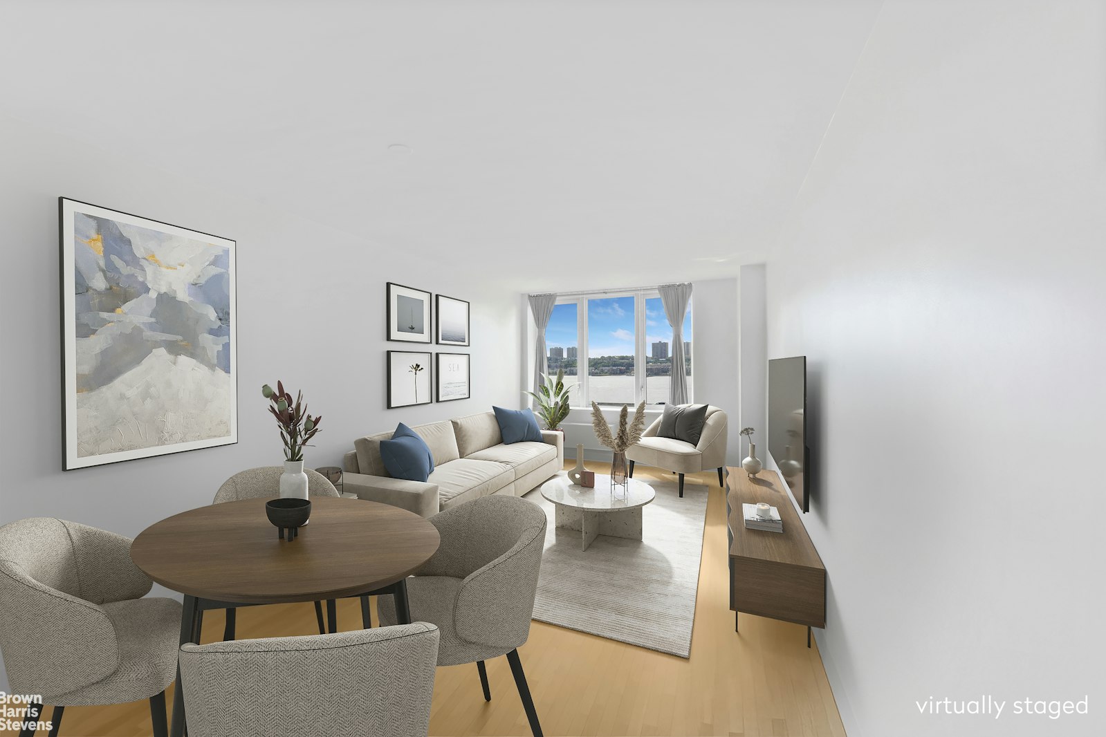 a living room with furniture and a table