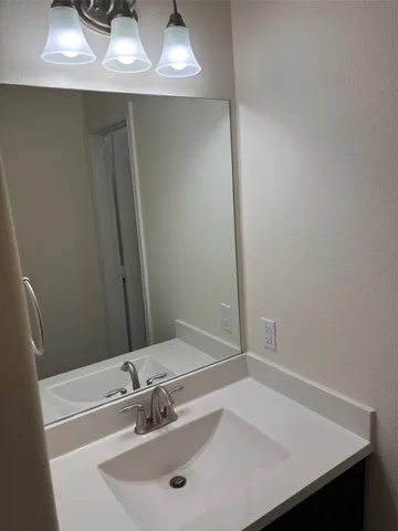 a bathroom with a sink and a large mirror