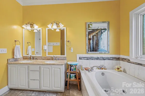 a bathroom with a tub sink and mirror