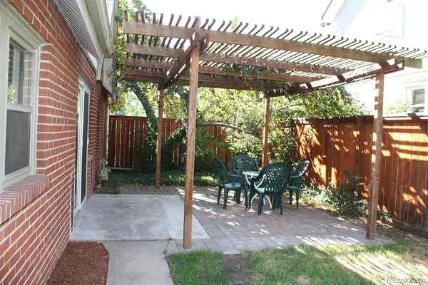 a backyard of a house with table and chairs