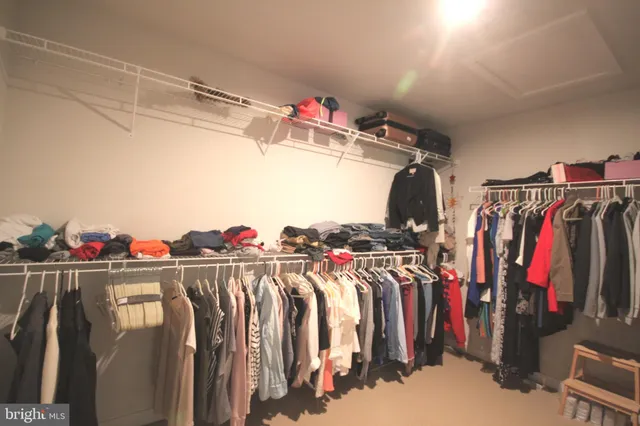 a view of walk in closet with clothes