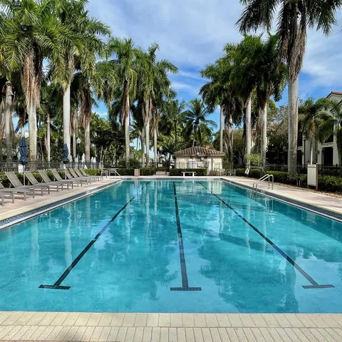 a view of a swimming pool with a lawn chairs and palm trees