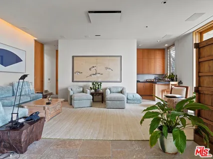 a living room with furniture potted plant and a large window