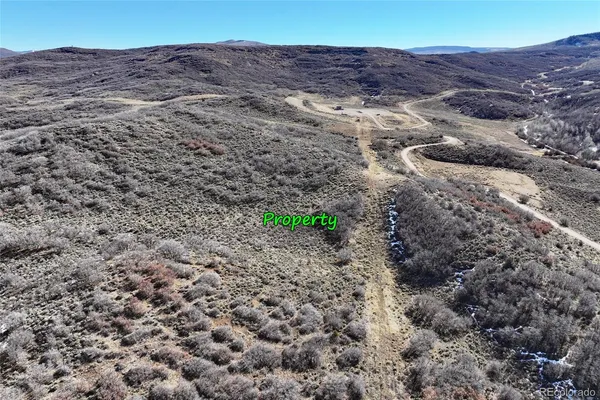a view of a dry field with mountains in the background