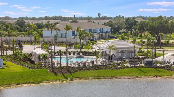 a view of yard with swimming pool and green space
