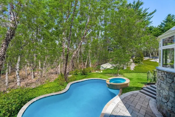 a view of a swimming pool with a yard