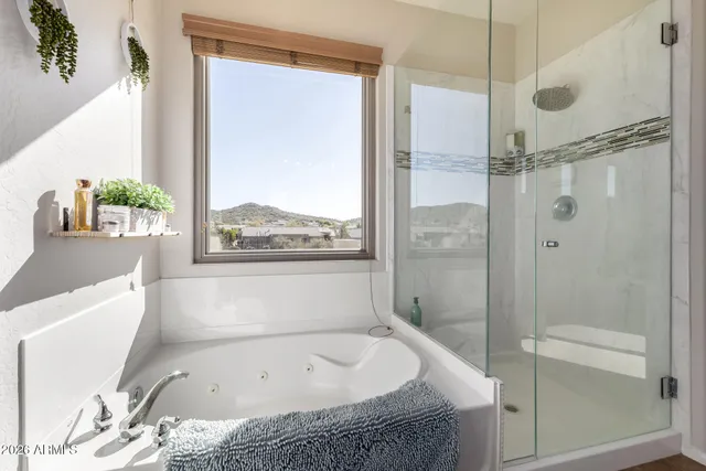a view of a swimming pool with chairs and potted plants