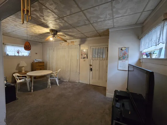 a view of a room with shelves