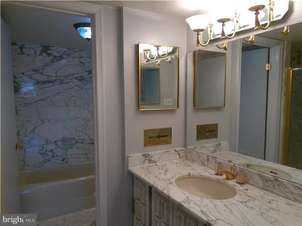 1101 South Arlington Ridge Road, Unit 213 Arlington, VA 22202 - Photo 5 of 6 a bathroom with a granite countertop sink a mirror and shower