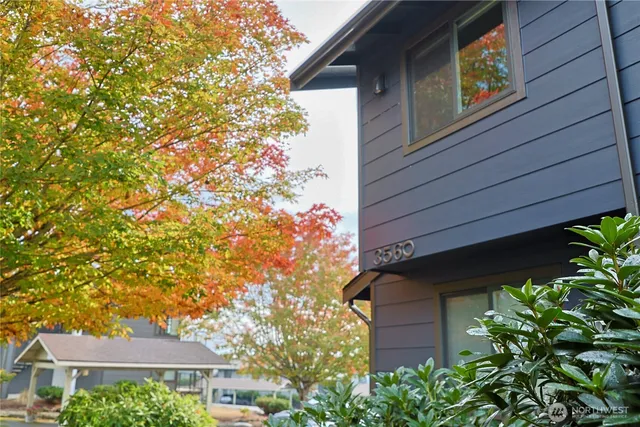 a front view of a house with plants