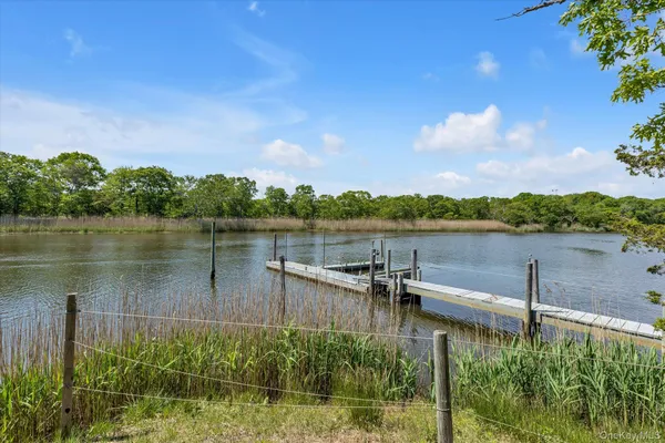 a view of a lake with houses in the back