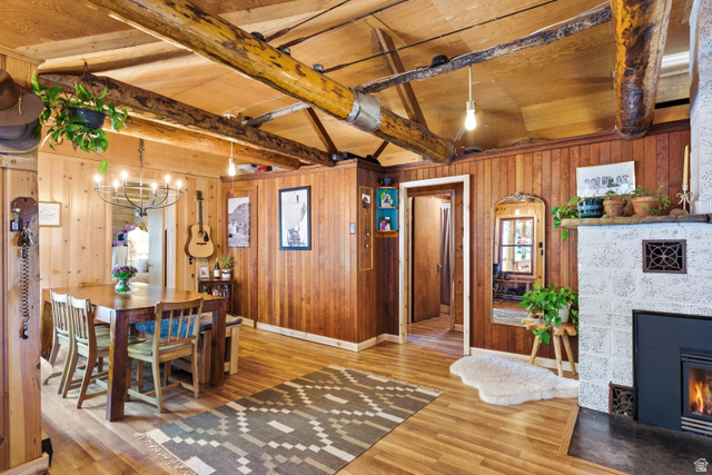 6631 Pine Springs Road Kamas, UT 84036 - Photo 12 of 48 Dining space featuring vaulted ceiling with beams, wooden walls, suspended lighting, a fireplace, and wood finished floors