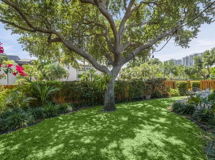 a view of a backyard with wooden fence