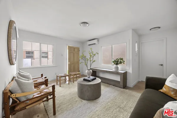 a living room with furniture and a potted plant