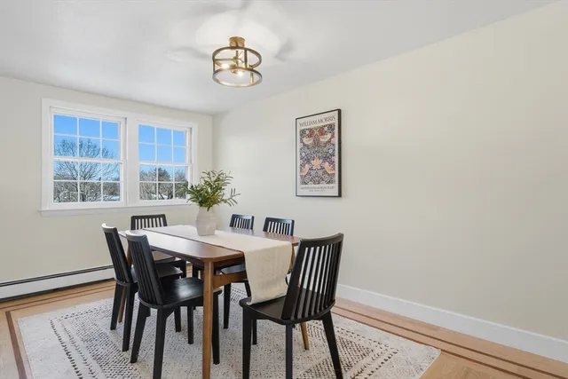 a view of a dining room with furniture window and wooden floor