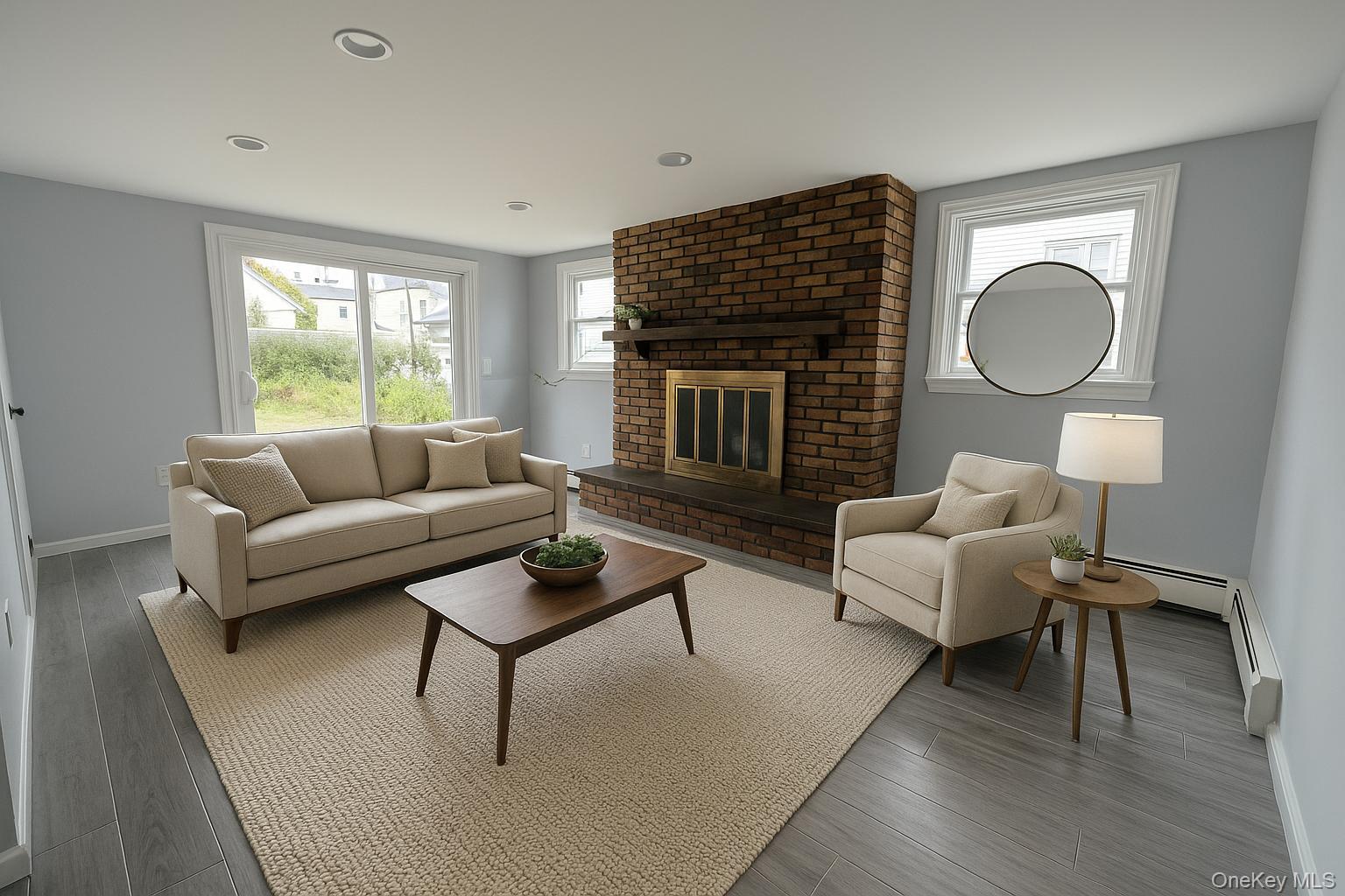 324 Buckingham Road Cedarhurst, NY 11516 - Photo 12 of 12 Living area with plenty of natural light, a brick fireplace, wood finished floors, a baseboard radiator, and recessed lighting