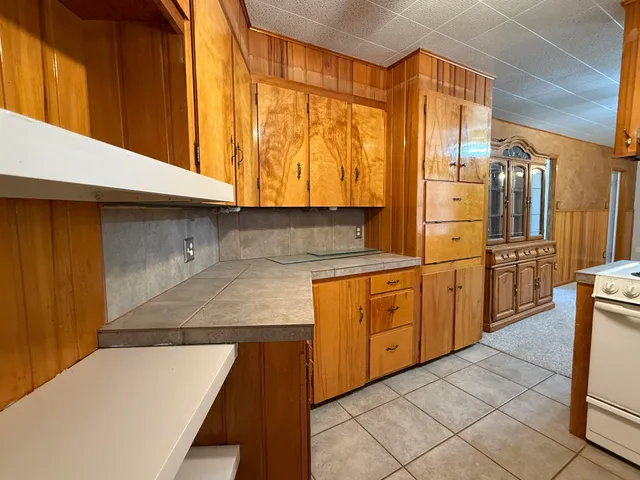 a kitchen with a sink a stove and cabinets