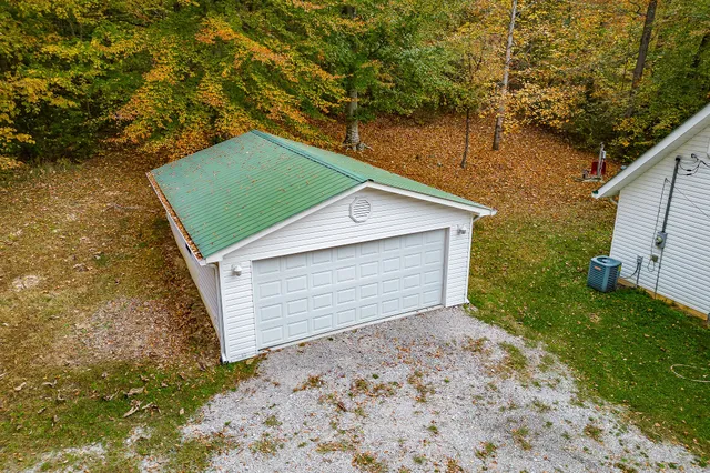 a backyard of a house with plants and large tree