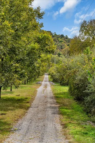 a view of a large house with a big yard and large trees
