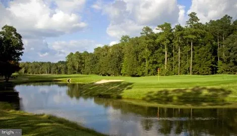 a view of a lake with a yard and trees in the background