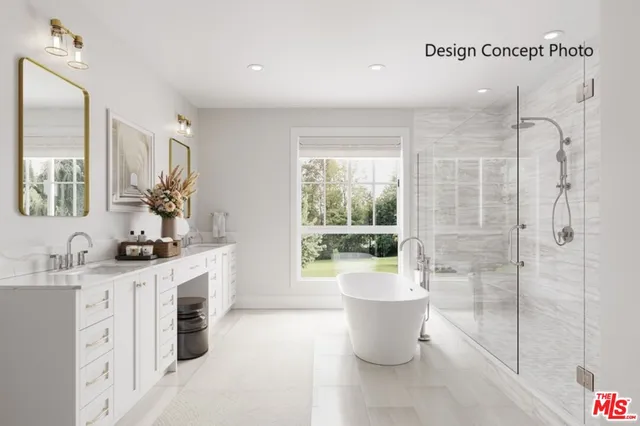 a bathroom with a double vanity sink a mirror a window and a shower