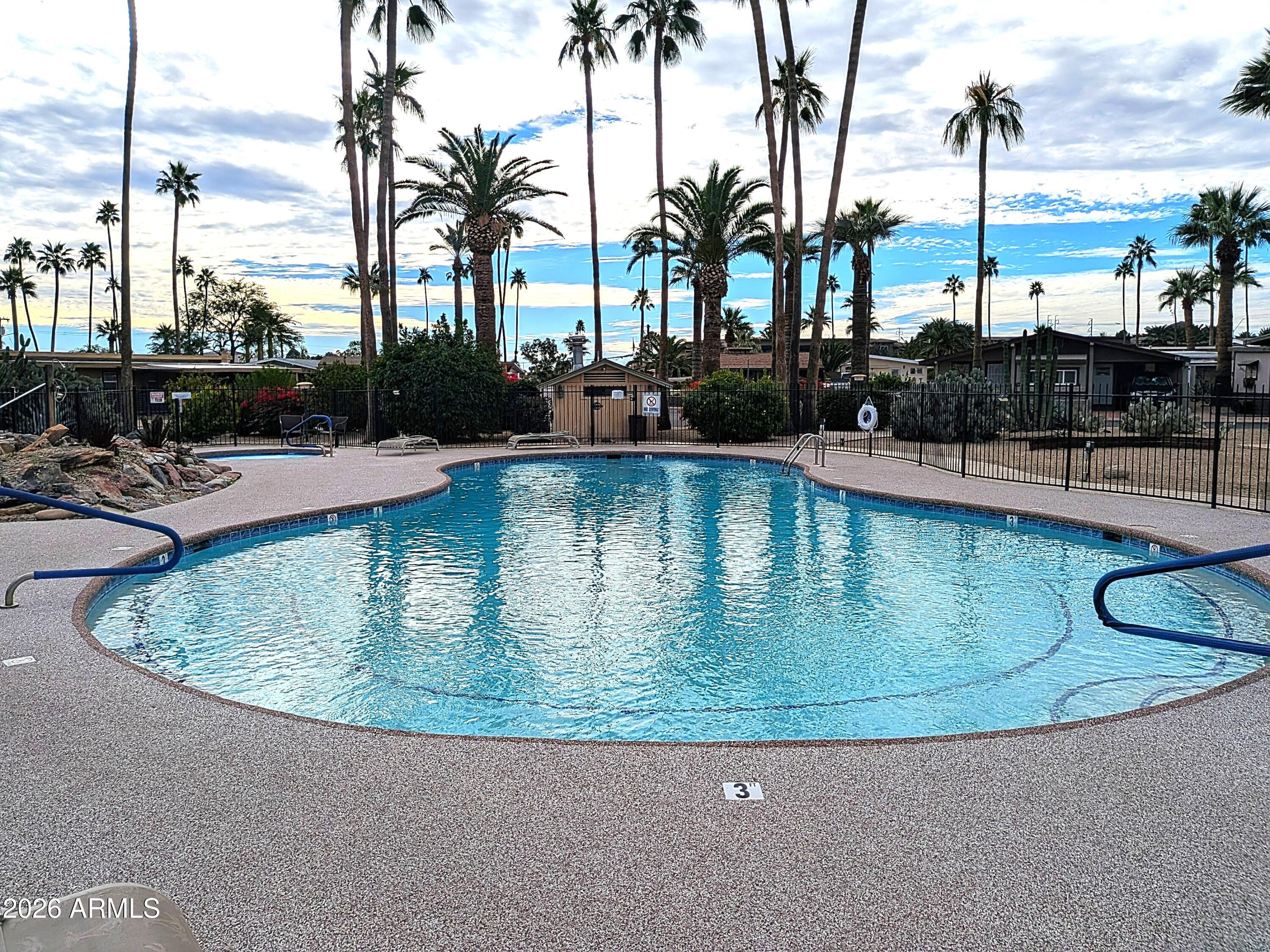 6700 East Thomas Road, Unit 25 Scottsdale, AZ 85251 - Photo 24 of 29 a view of a swimming pool with a yard and palm trees