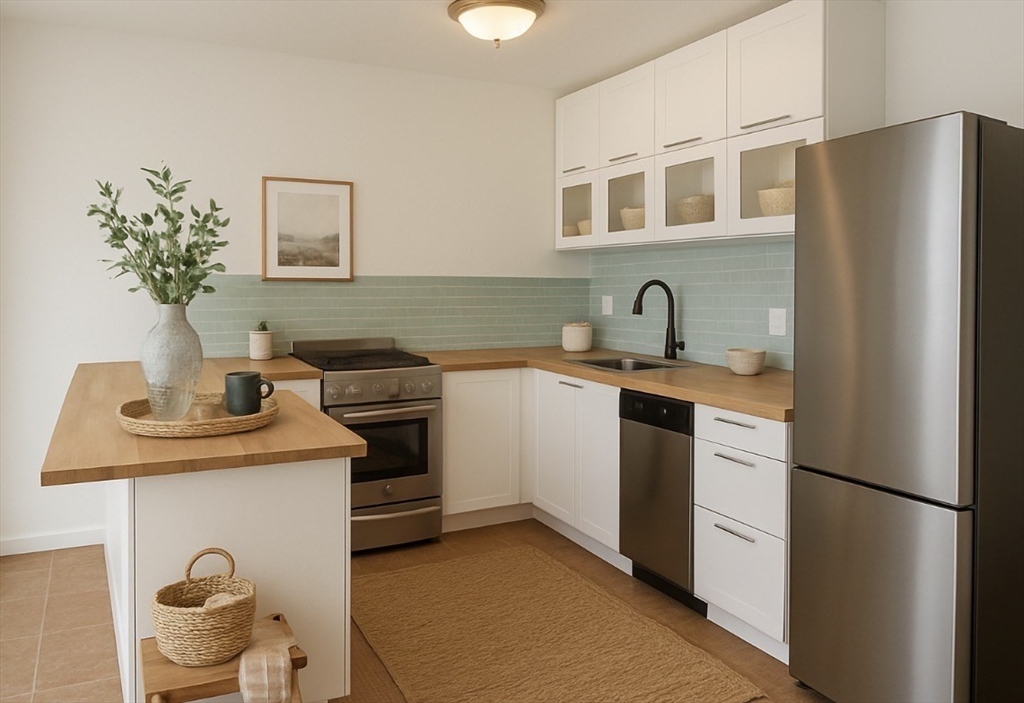 a kitchen with stainless steel appliances granite countertop a refrigerator sink and stove