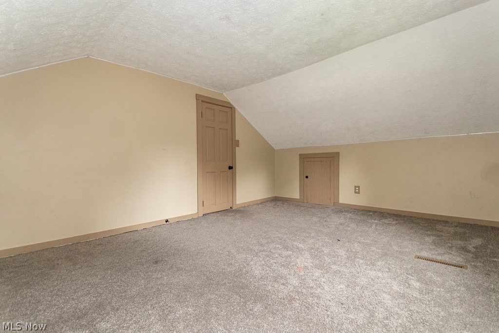 11601 Bass Lake Road Chardon, OH 44024 - Photo 34 of 50 Bonus room featuring a textured ceiling, carpet, and lofted ceiling