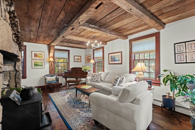 a living room with furniture potted plant wooden floor and a large window