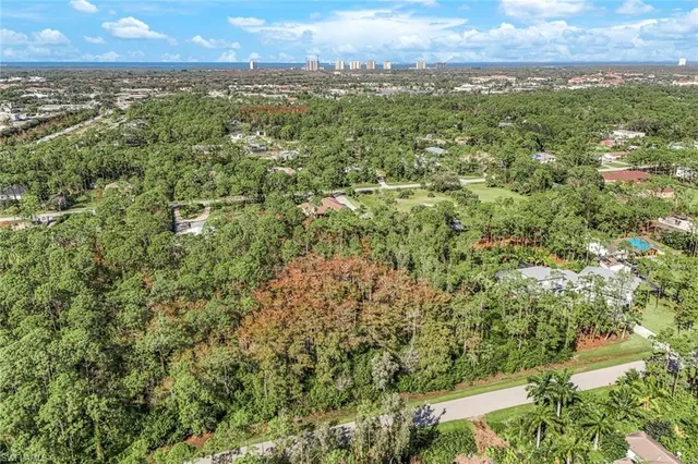 an aerial view of residential houses with outdoor space and trees