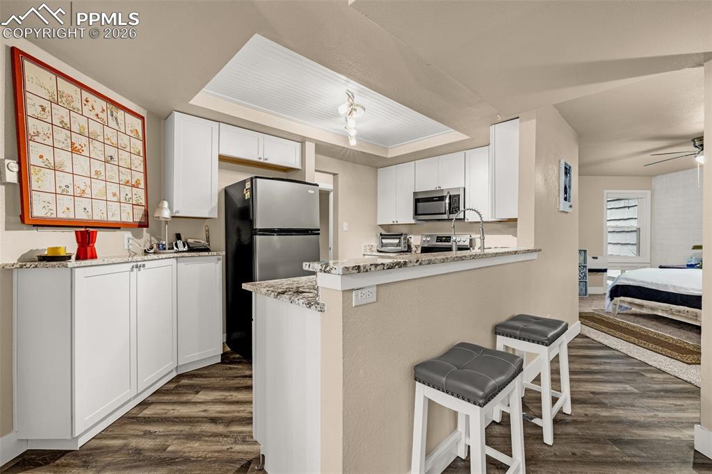 1679 Deer Creek Road Monument, CO 80132 - Photo 12 of 21 Kitchen with white cabinetry, dark wood finished floors, stainless steel appliances, a peninsula, and a raised ceiling