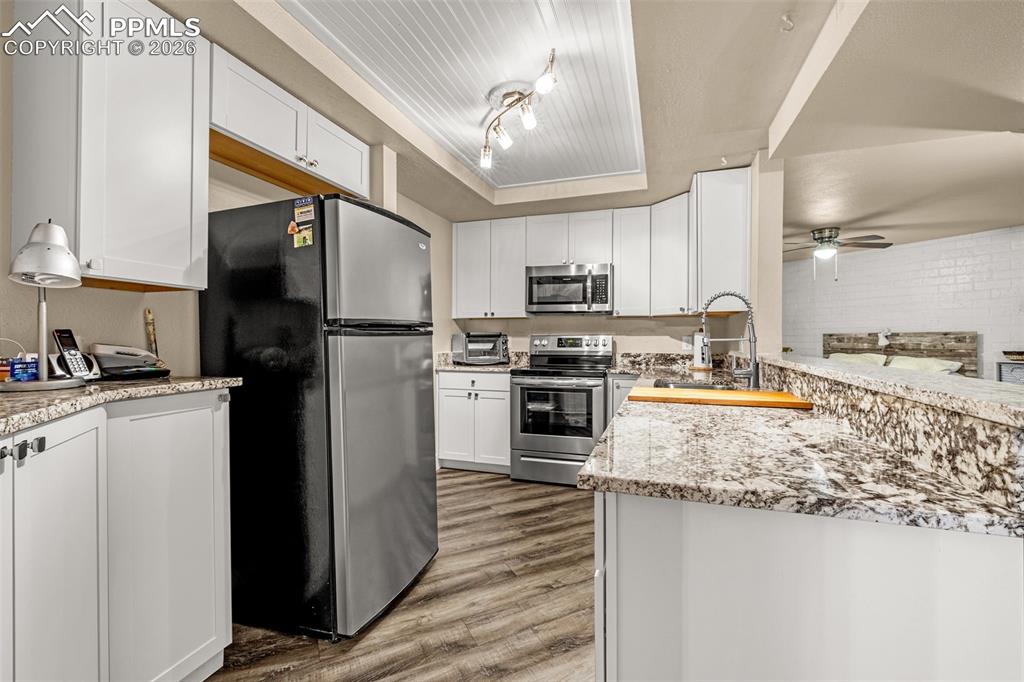 1679 Deer Creek Road Monument, CO 80132 - Photo 14 of 21 Kitchen featuring white cabinetry, stainless steel appliances, a raised ceiling, light stone counters, and dark wood-style floors