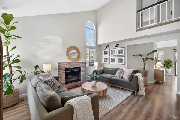 a living room with furniture fireplace and a potted plant