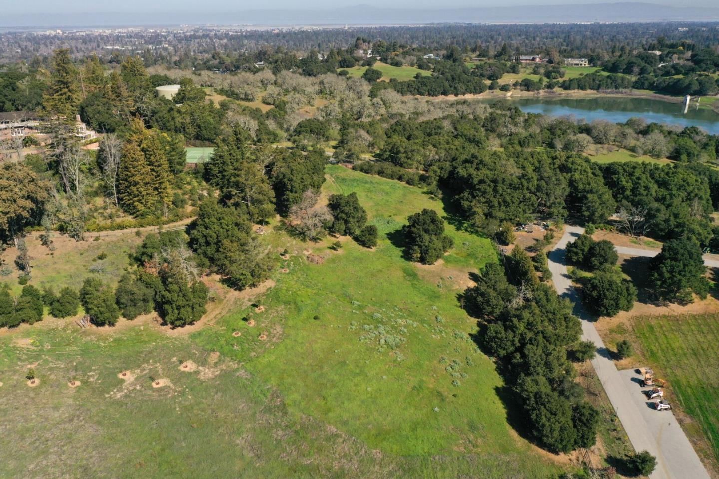 an aerial view of residential houses with outdoor space and trees