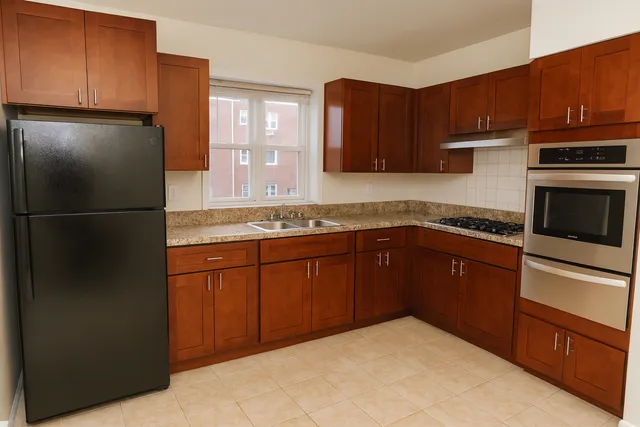 a kitchen with granite countertop wooden cabinets and stainless steel appliances