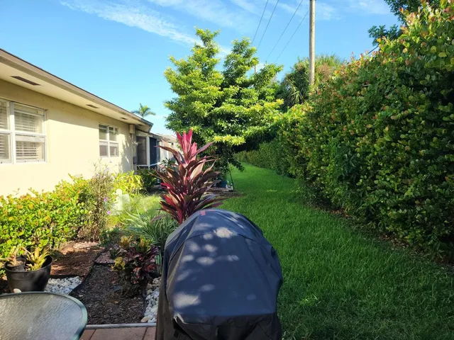 a view of a backyard with plants and a patio