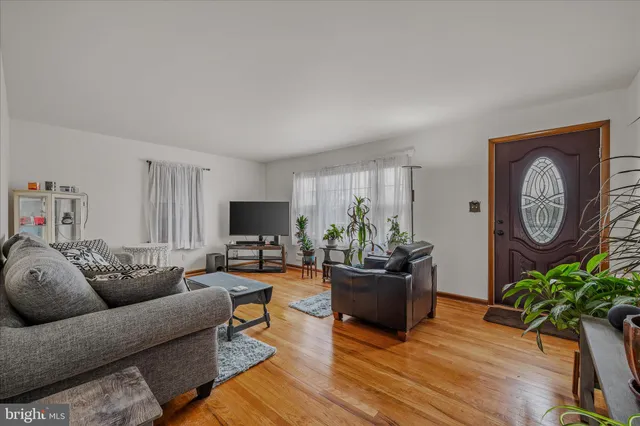 a living room with furniture a potted plant and a wooden floor