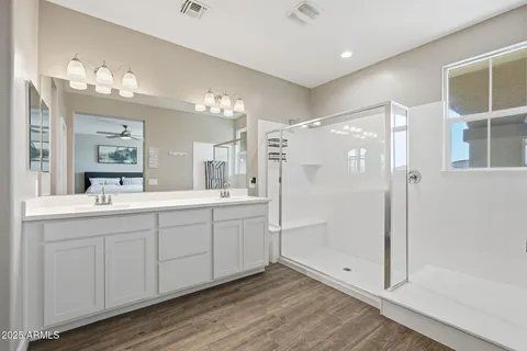 a bathroom with a double vanity sink mirror and shower