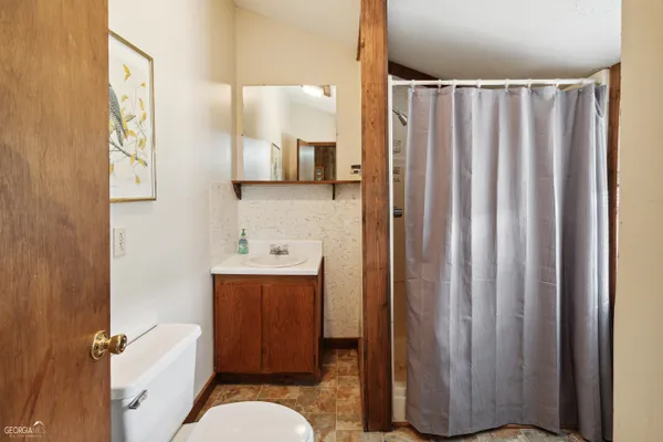 a bathroom with a sink a toilet and shower curtain