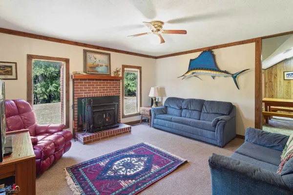 a living room with furniture a rug and a fireplace